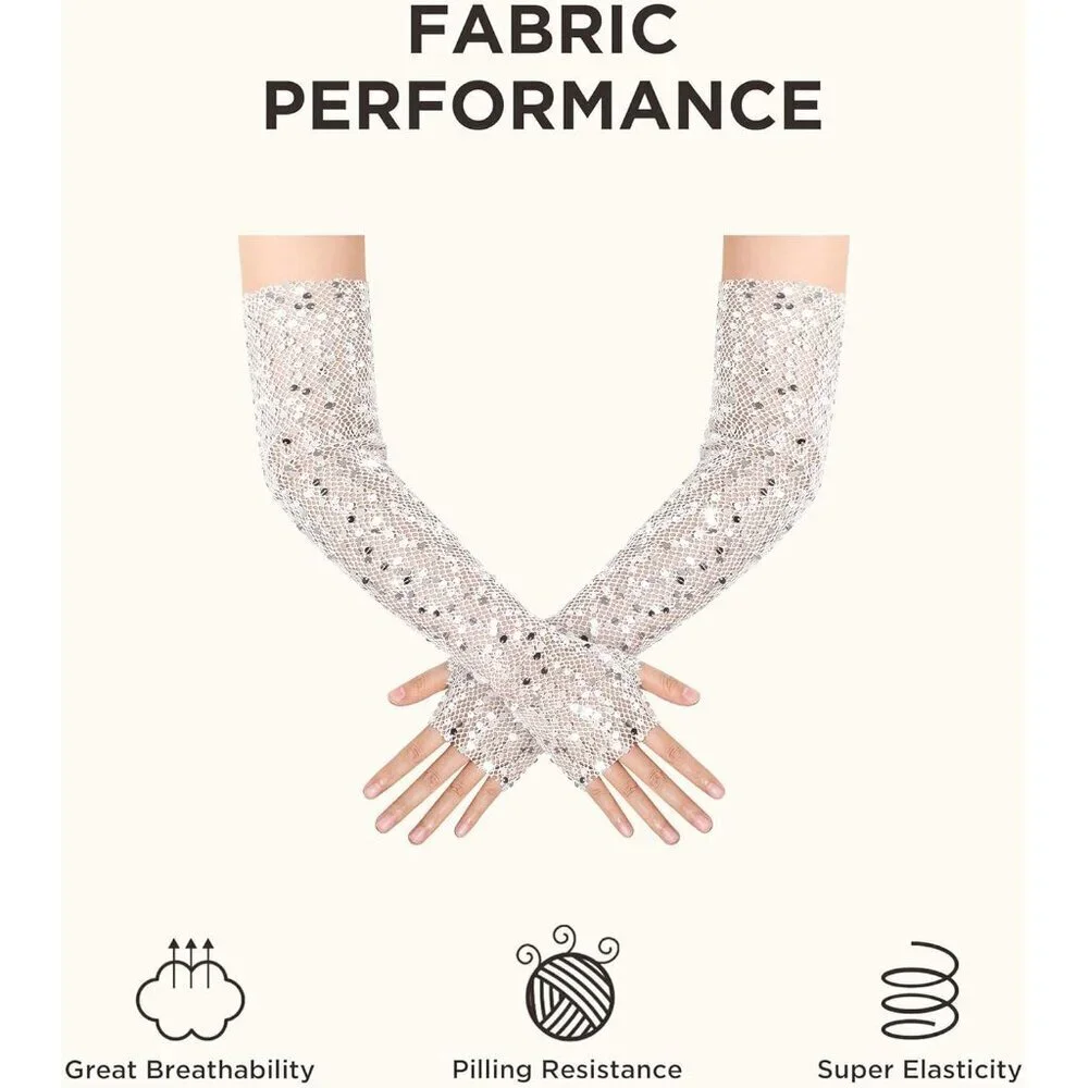 Women's White Fingerless Glitter Sequin Sparkling Elbow Length Long Gloves